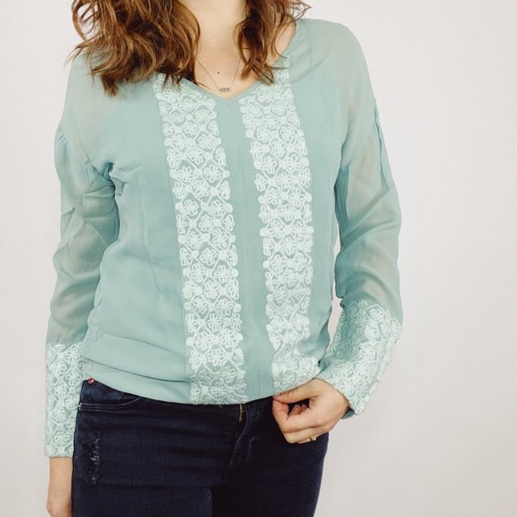 Sundance Teal Raw Silk Sheer Embroidered Top - Picture 2 of 7
